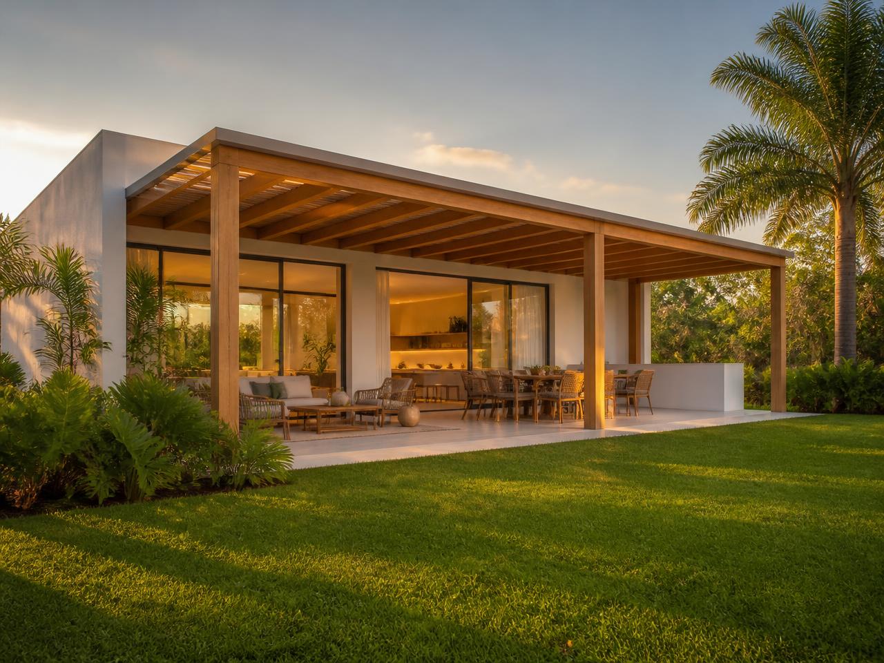 Residência contemporânea ao entardecer com piscina e iluminação quente